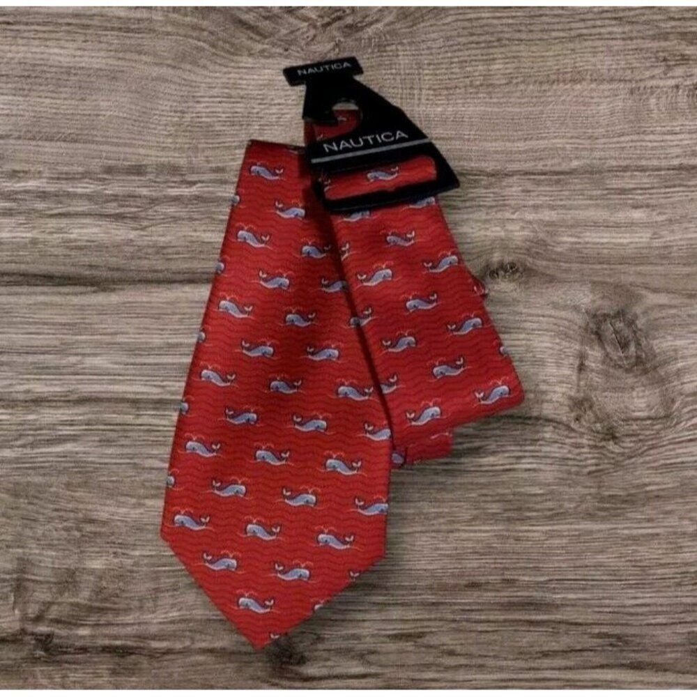 Nautica Whale Tie Red Preppy Pattern Graphic Nerd Nautical Necktie Fun 58" x 3"